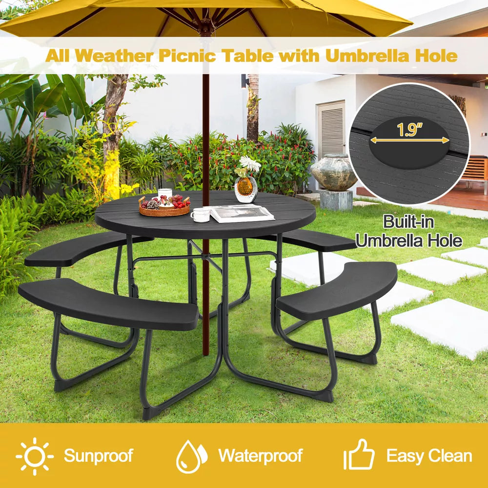 Outdoor 8-person Round Picnic Table Bench Set w/ 4 Benches & Umbrella Hole