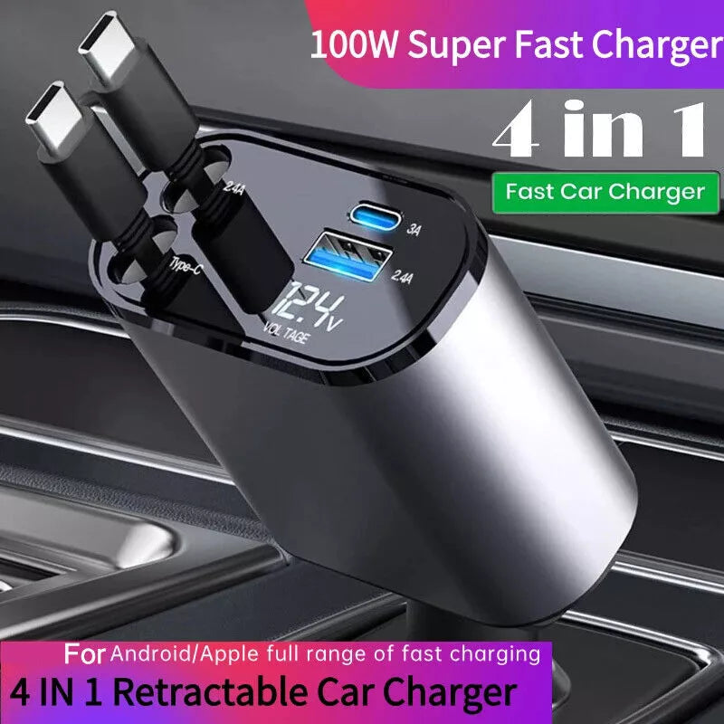 4 IN 1 Retractable Car Charger Cable Dual Port USB C PD Fast Charging Adapter US