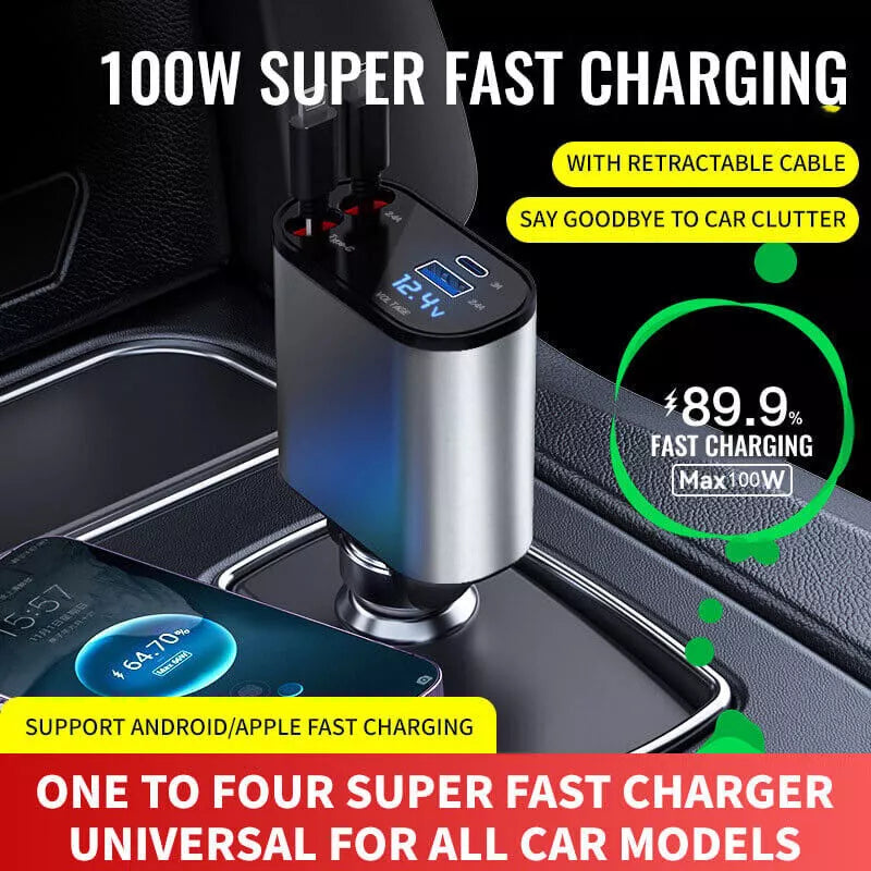 4 IN 1 Retractable Car Charger Cable Dual Port USB C PD Fast Charging Adapter US