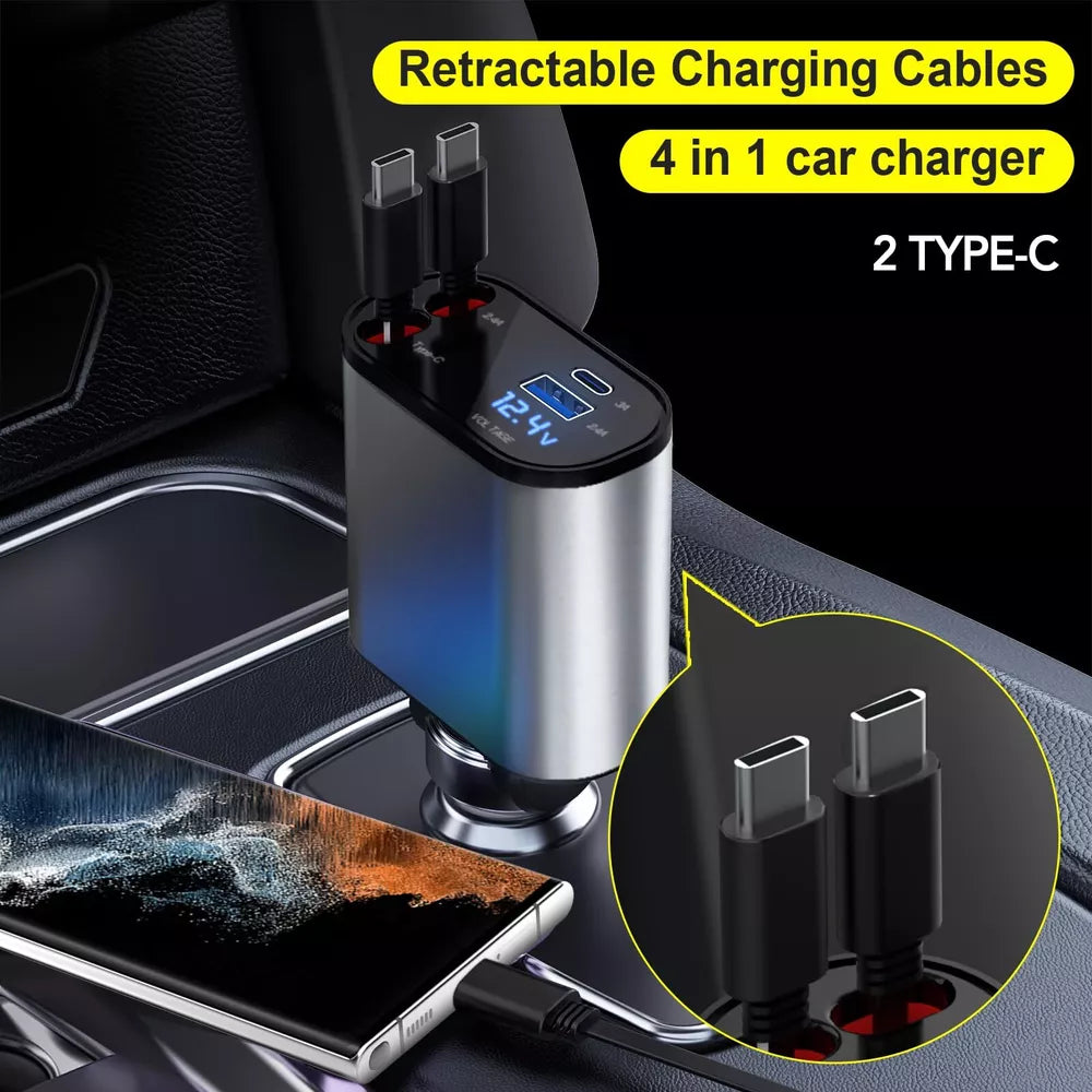 4 IN 1 Retractable Car Charger Cable Dual Port USB C PD Fast Charging Adapter US