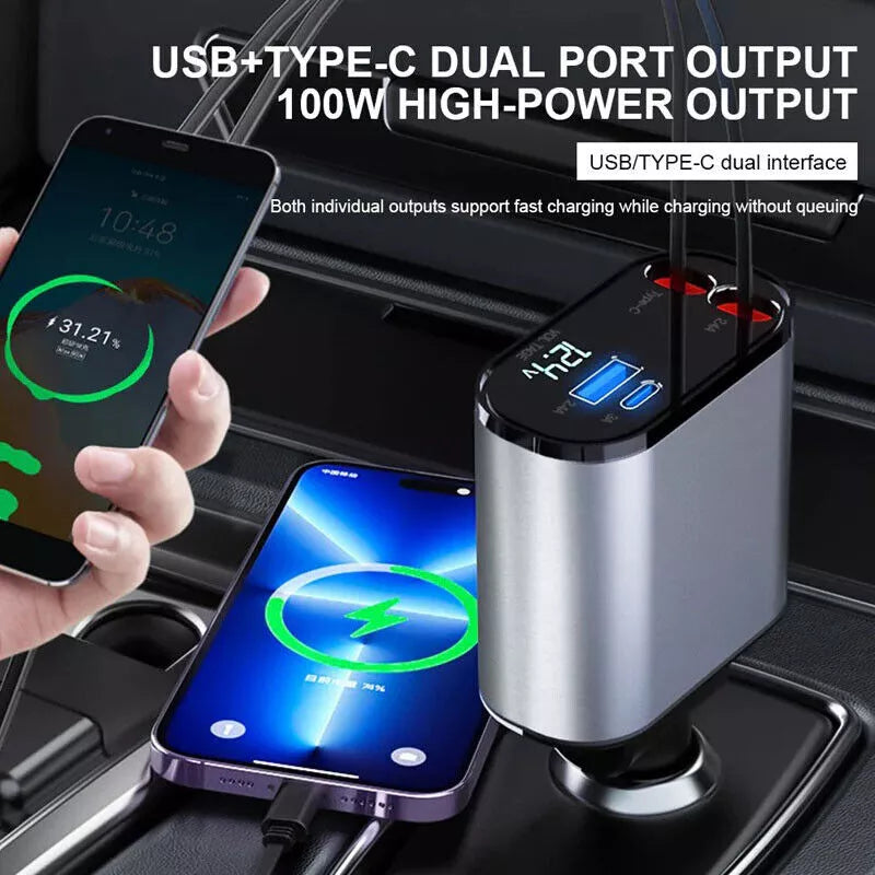 4 IN 1 Retractable Car Charger Cable Dual Port USB C PD Fast Charging Adapter US