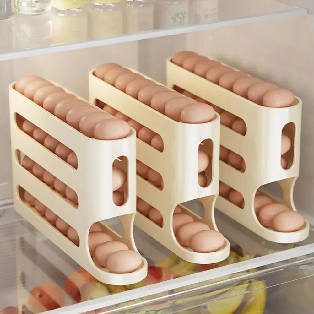 4 Layers Automatic Rolling Egg Holder Rack Fridge Storage Box Container Large