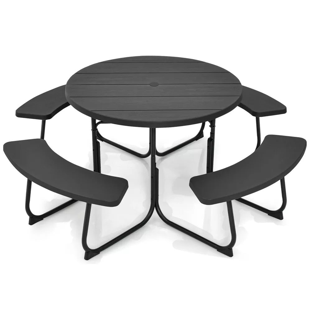 Outdoor 8-person Round Picnic Table Bench Set w/ 4 Benches & Umbrella Hole