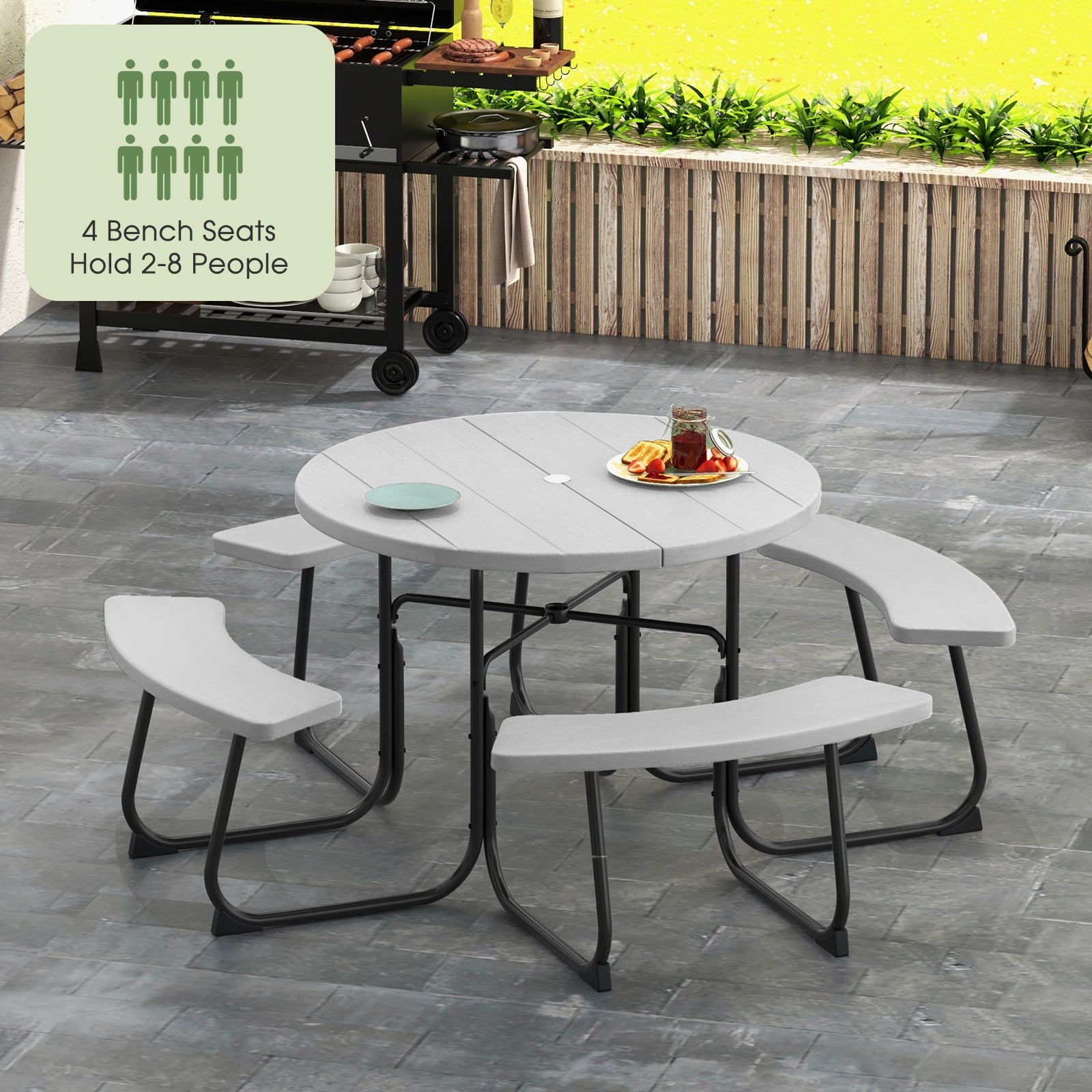 Outdoor 8-person Round Picnic Table Bench Set w/ 4 Benches & Umbrella Hole