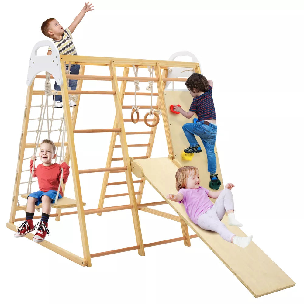 8-in-1 Jungle Gym Playset, Wooden Climber Play Set w/ Monke Natural