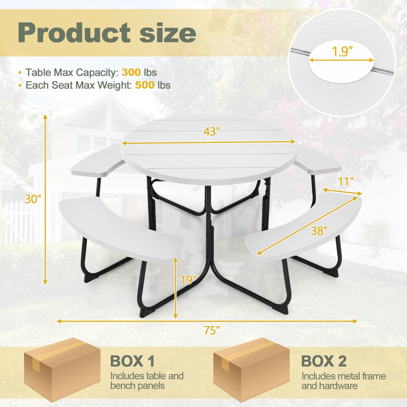 Outdoor 8-person Round Picnic Table Bench Set w/ 4 Benches & Umbrella Hole