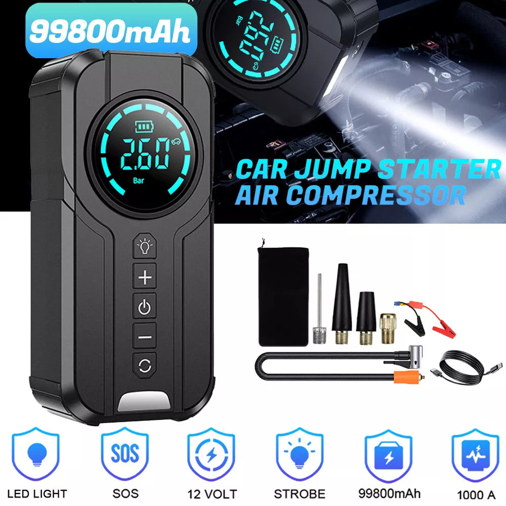 Car Jump Starter Air Pump Power Bank Lighting Portable Air Compressor 4 In 1 Car