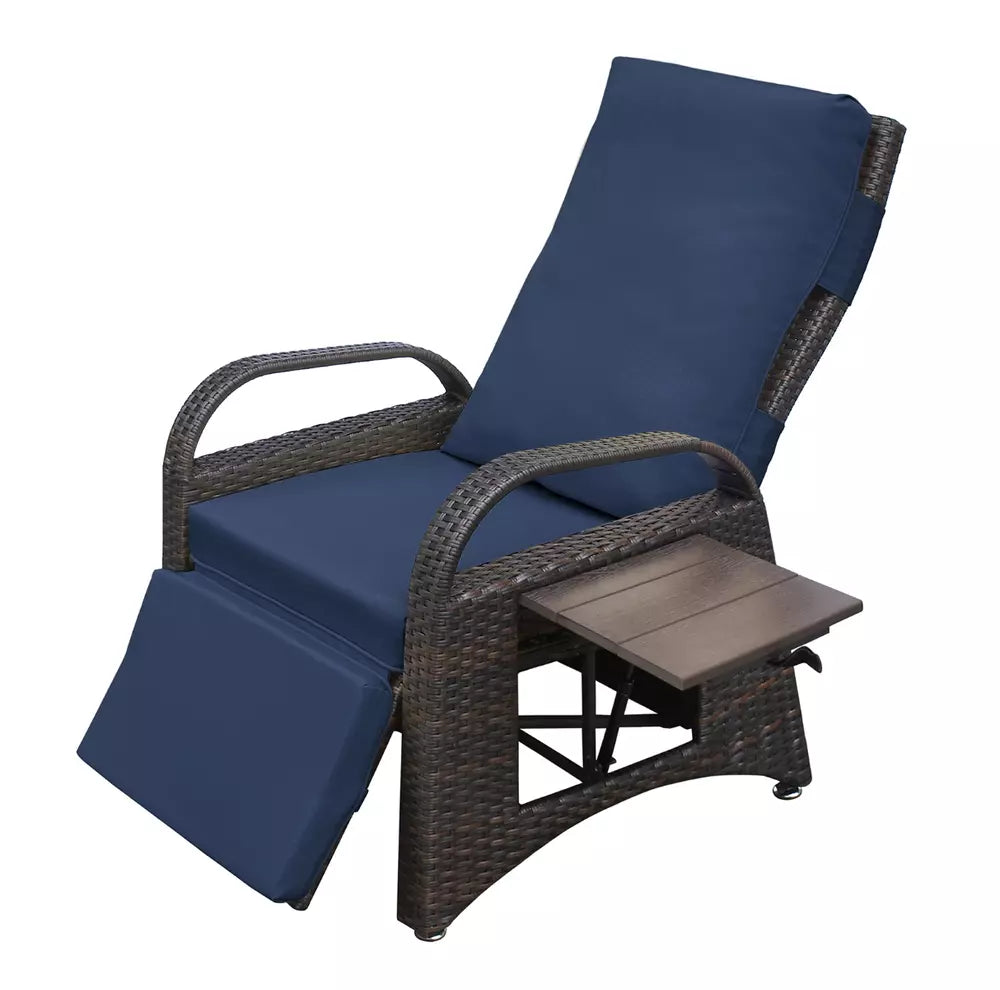 Outdoor Adjustable Recliner PE Wicker Chair With Side Table Navy Blue Cushions