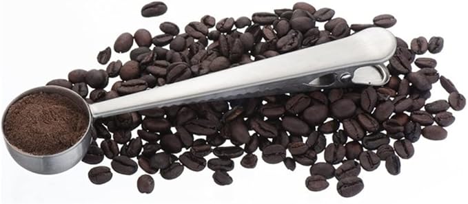 New Stainless Steel Ground Coffee Measuring Scoop Spoon With Bag Seal Clip