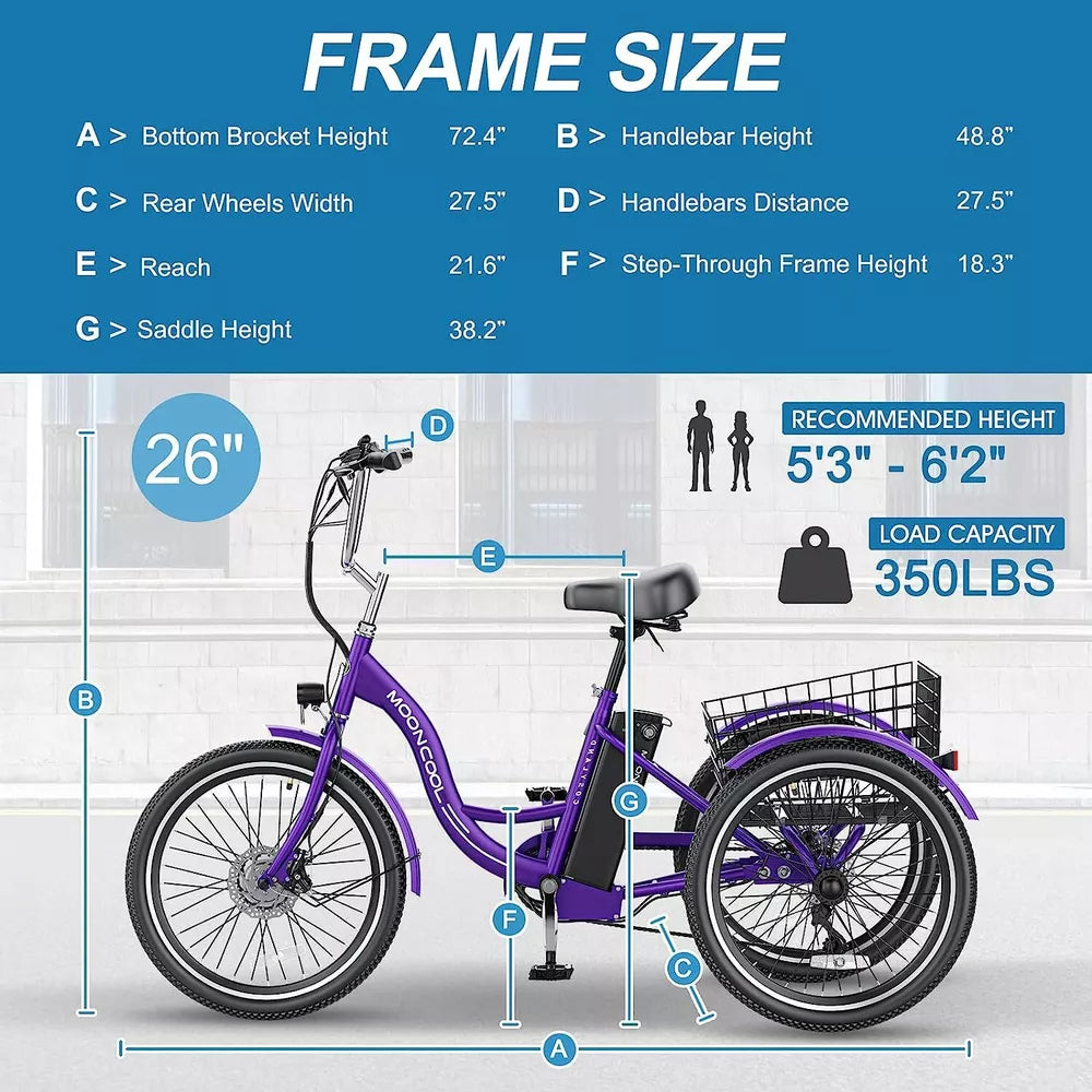 Electric Tricycle Adult Electric Bicycles, 350W 36V Trike 24/26 inch 7 Speeds