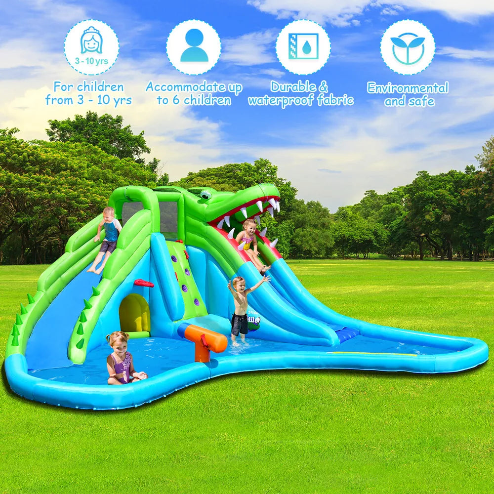 Crocodile Inflatable Water Park Dual Slides Climbing Wall with 780W Blower