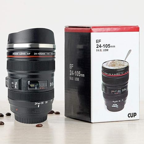 Camera Lens Cup 24-105 Coffee Travel Mug Stainless Steel Thermos Leak-Proof Lid