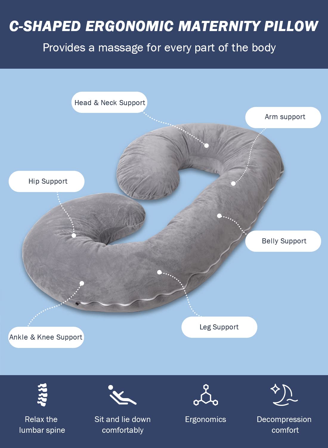 PREGNANCY PILLOW Maternity Body for Sleeping C Shaped Grey Velvet INSEN