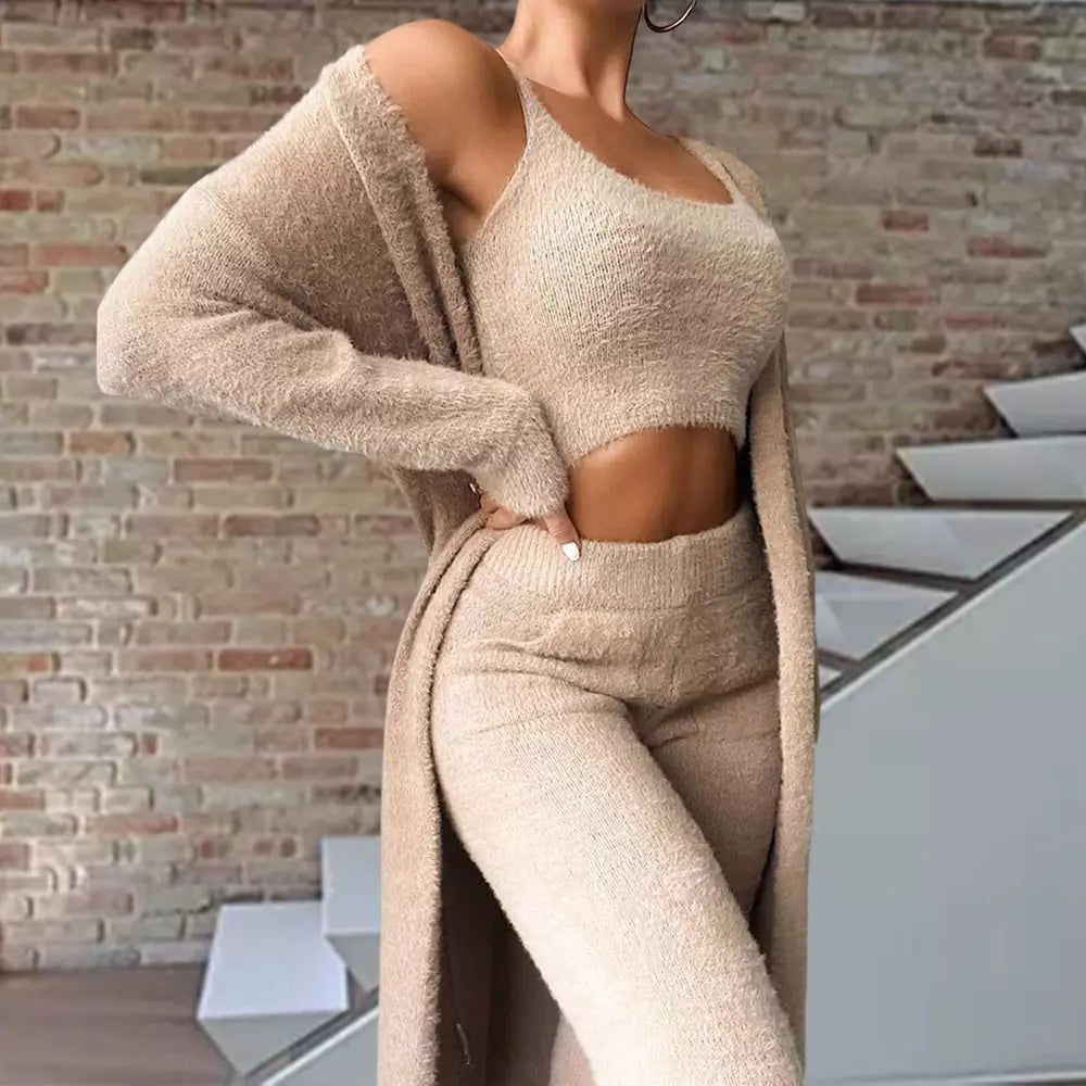 NEW Cozy Women's Comfortable Casual Knitwear Hooded Jacket Long Pants Set of 3