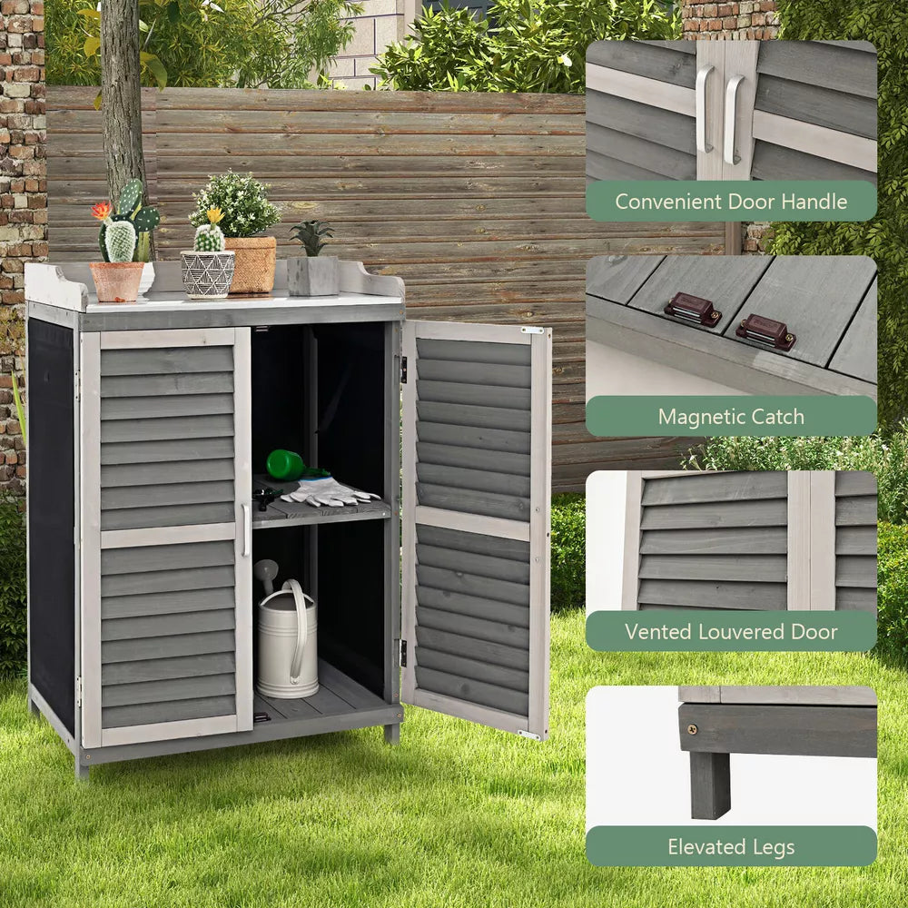 Outdoor Potting Bench Table, Garden Storage Cabinet w/Metal Tabletop Grey