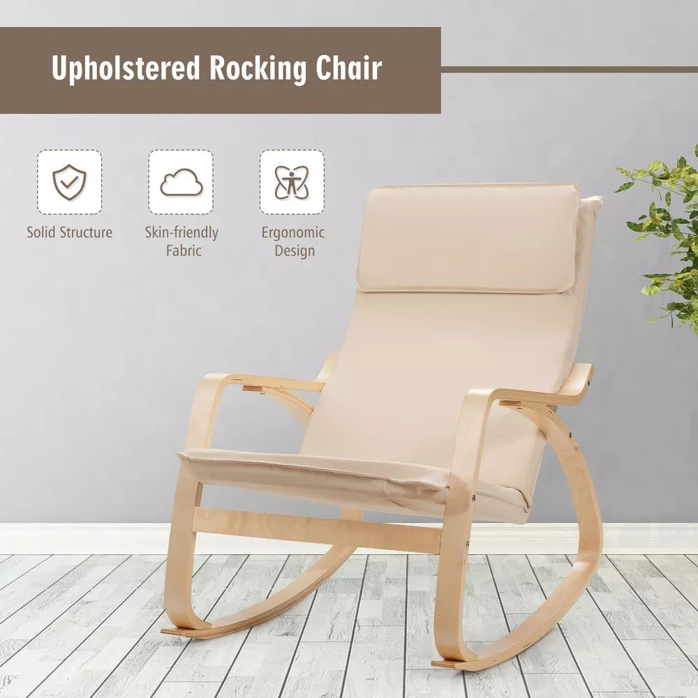 Modern Bentwood Rocking Chair Fabric Upholstered Relax Rocker Lounge Chair Beige