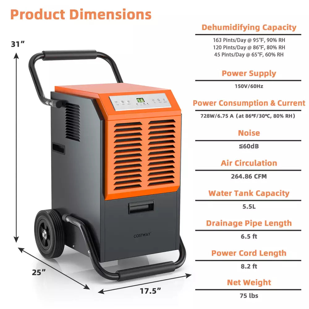 Costway 163 PPD Commercial Dehumidifier Portable Industrial Commercial Grade