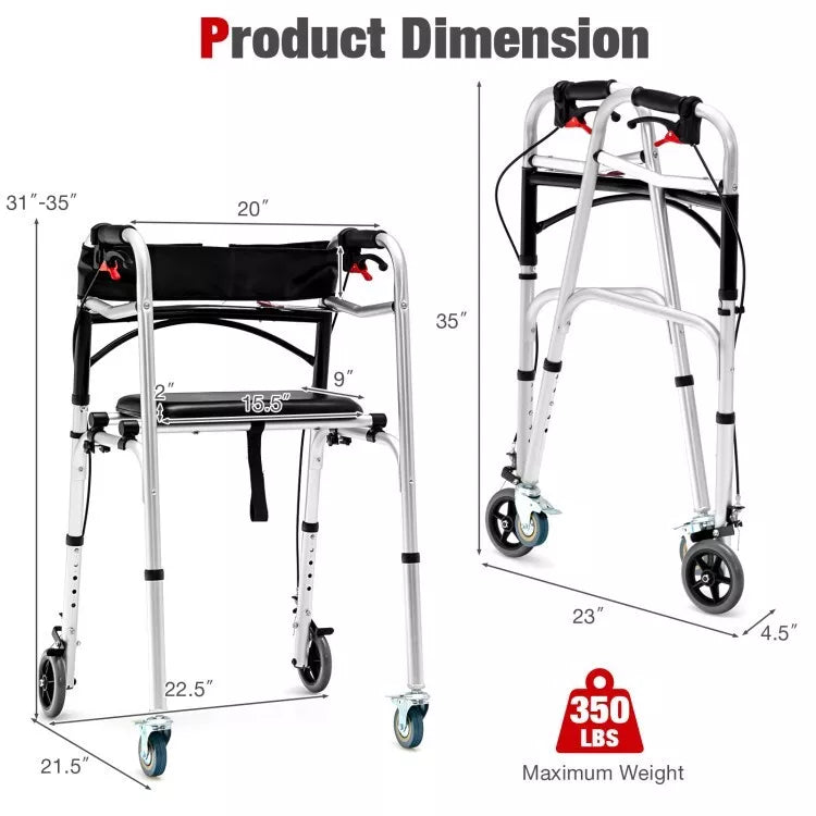 Rollator Walker Aluminum Foldable Adjustable Height w/2 Universal Wheel & Brakes