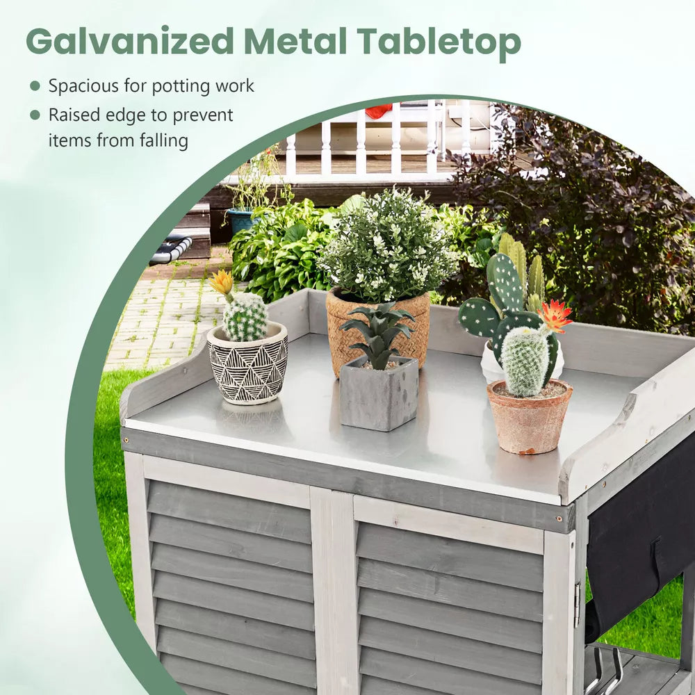 Outdoor Potting Bench Table, Garden Storage Cabinet w/Metal Tabletop Grey