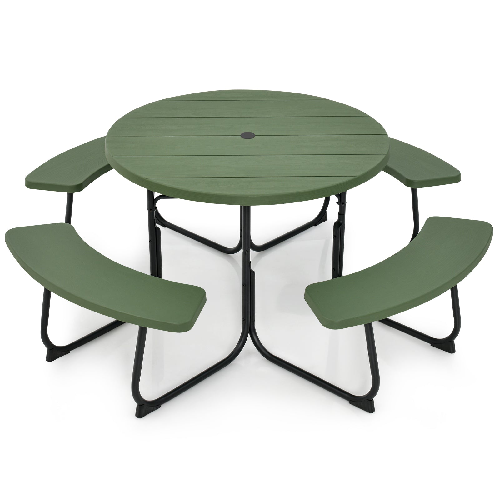 Outdoor 8-person Round Picnic Table Bench Set w/ 4 Benches & Umbrella Hole