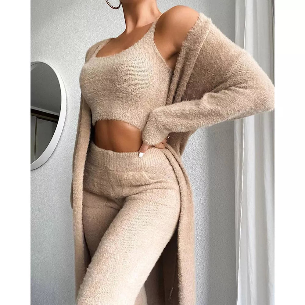 NEW Cozy Women's Comfortable Casual Knitwear Hooded Jacket Long Pants Set of 3