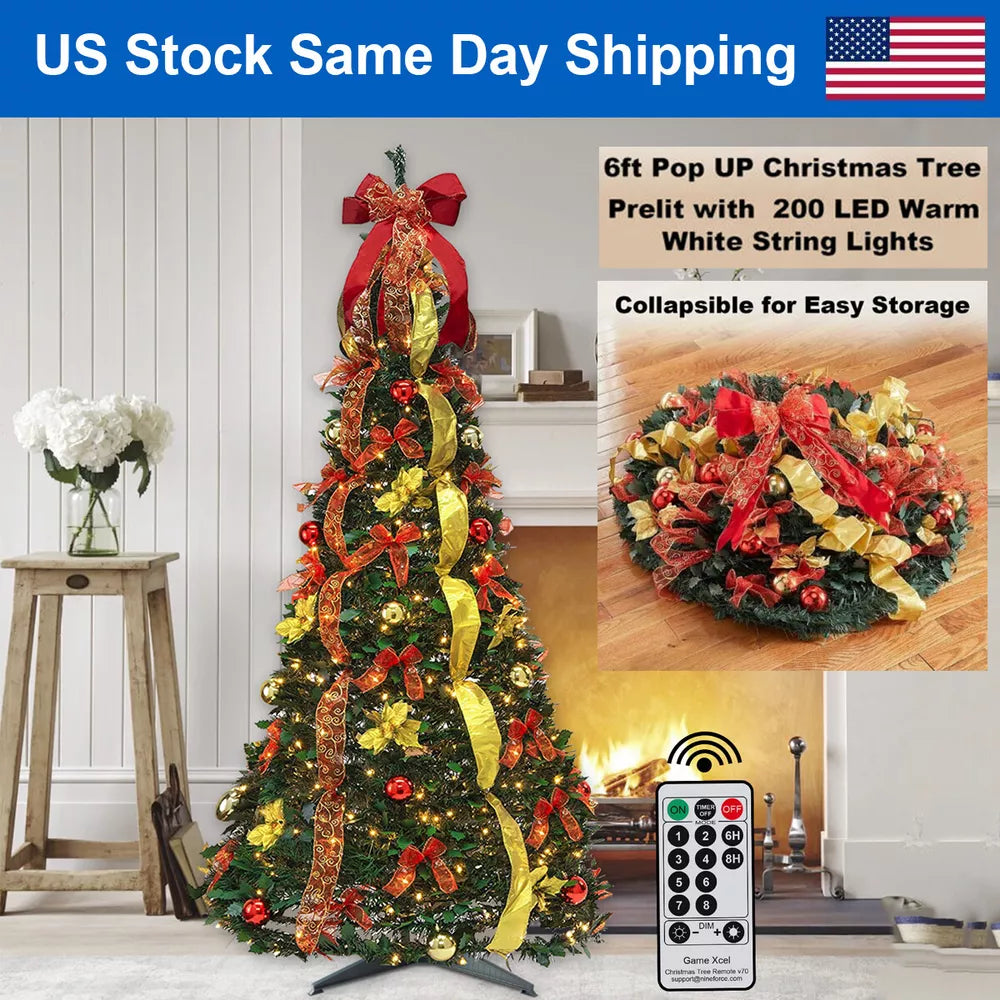 6ft Pop Up Pre Lit Christmas Tree Pull Up Xams Decor Tree 200 Lights Collapsible