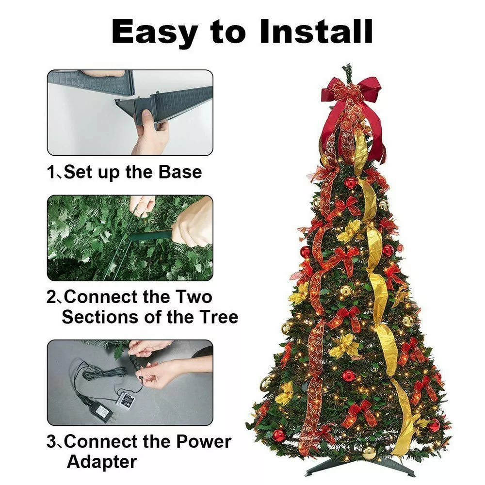 6ft Pop Up Pre Lit Christmas Tree Pull Up Xams Decor Tree 200 Lights Collapsible