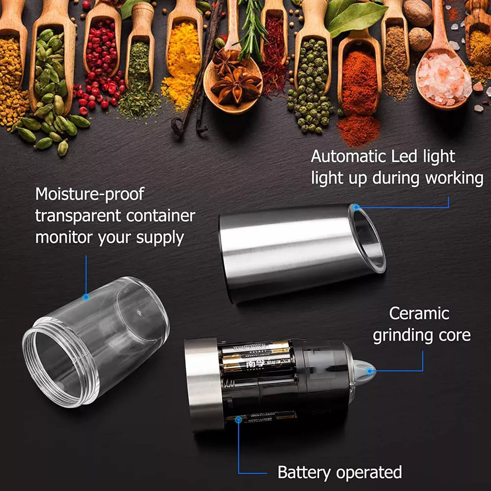 2PC Electric Pepper & Salt Grinder Automatic Adjustable Coarseness Battery Power