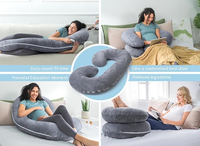 PREGNANCY PILLOW Maternity Body for Sleeping C Shaped Grey Velvet INSEN