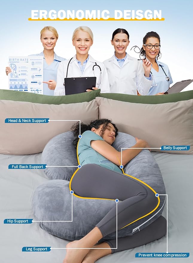 PREGNANCY PILLOW Maternity Body for Sleeping C Shaped Grey Velvet INSEN