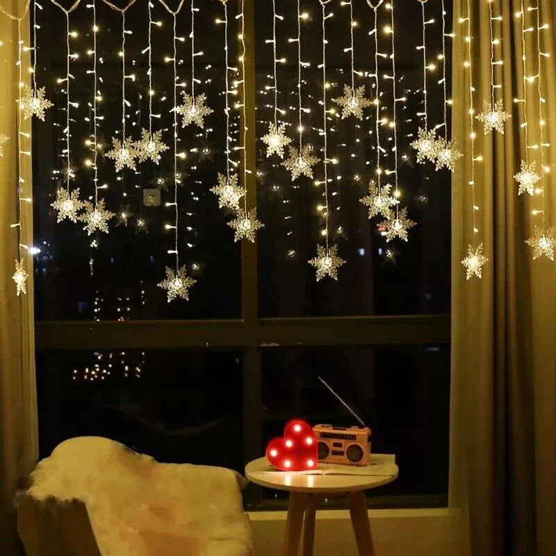 96 LED Snowflake Fairy Curtain String Lights Hanging Xmas Ornament Party Decor