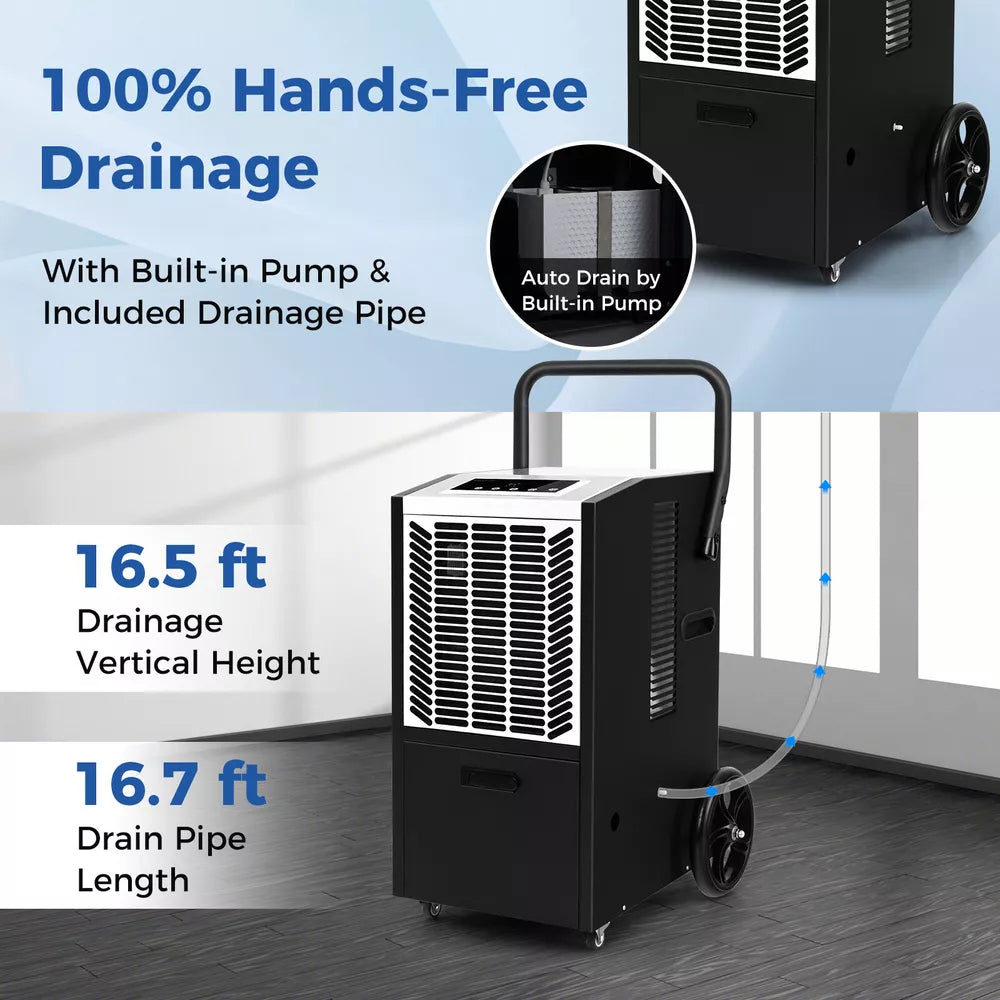 163 Pints Commercial Dehumidifier w/ Pump & Drain Hose Heavy Duty Dehumidifier