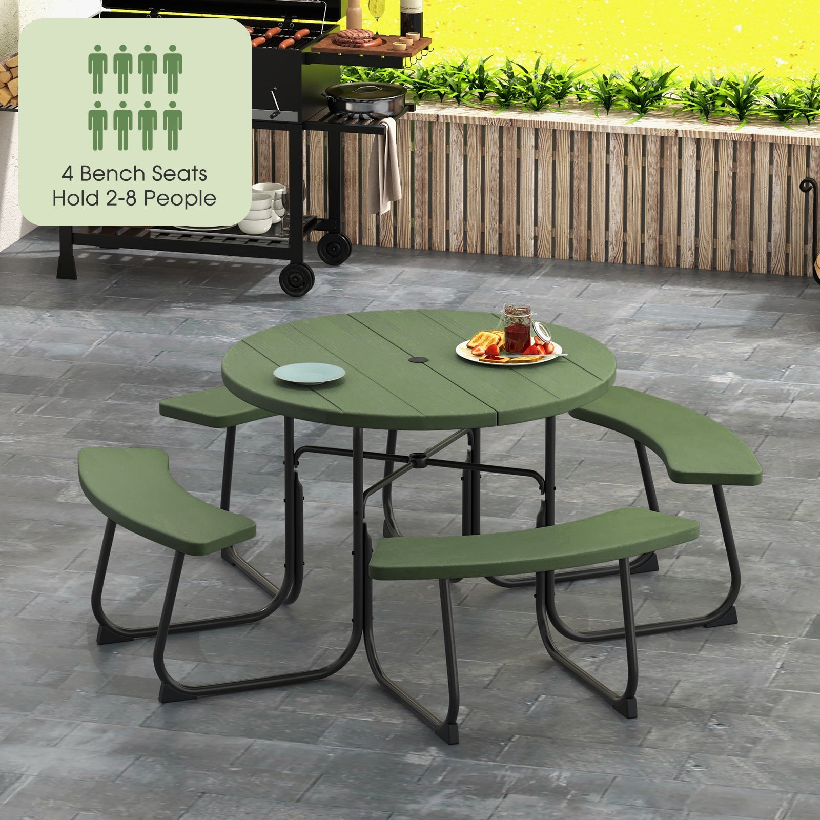 Outdoor 8-person Round Picnic Table Bench Set w/ 4 Benches & Umbrella Hole