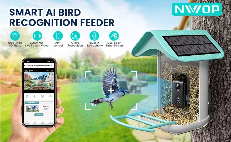 NIVIOP 1080P HD Video Bird House Smart Bird Feeder with Camera & 2 Solar Panels