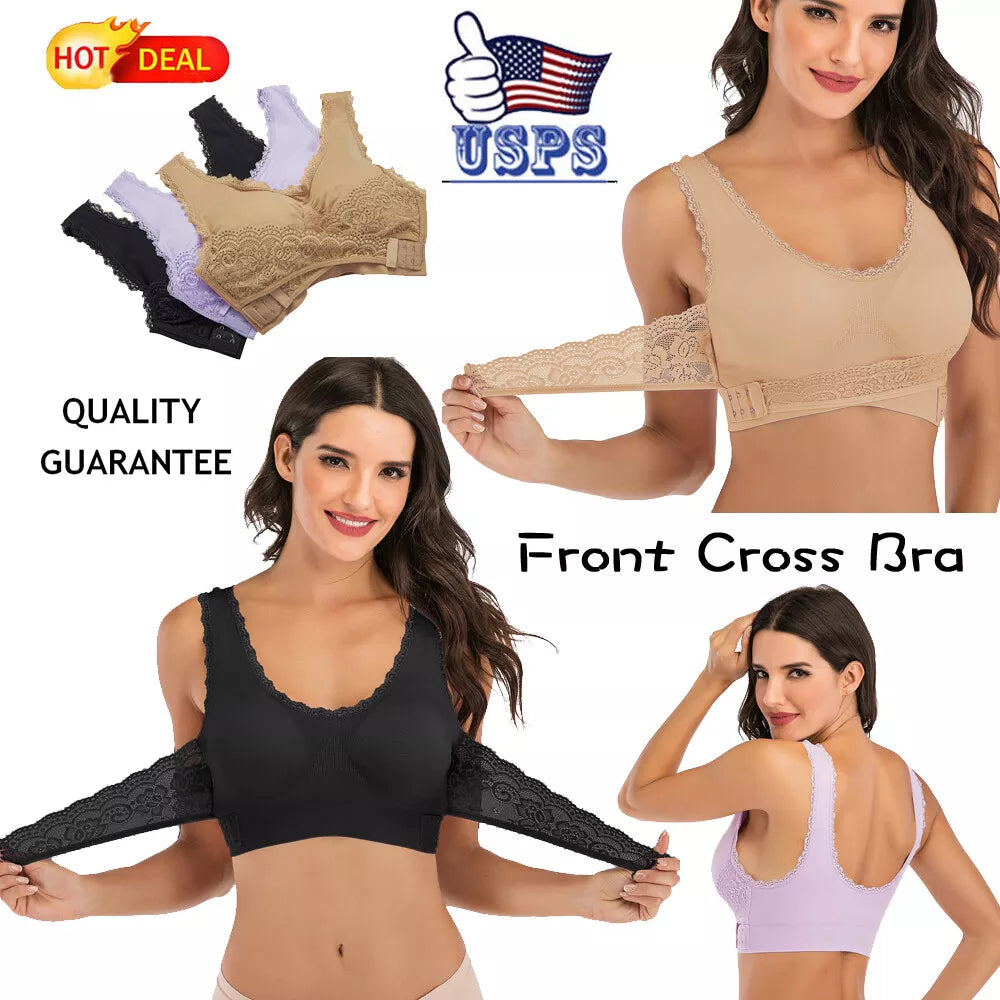 Women Cross Front Side Buckle Lace Sports Bras Tops Removable Yoga Underwear USA