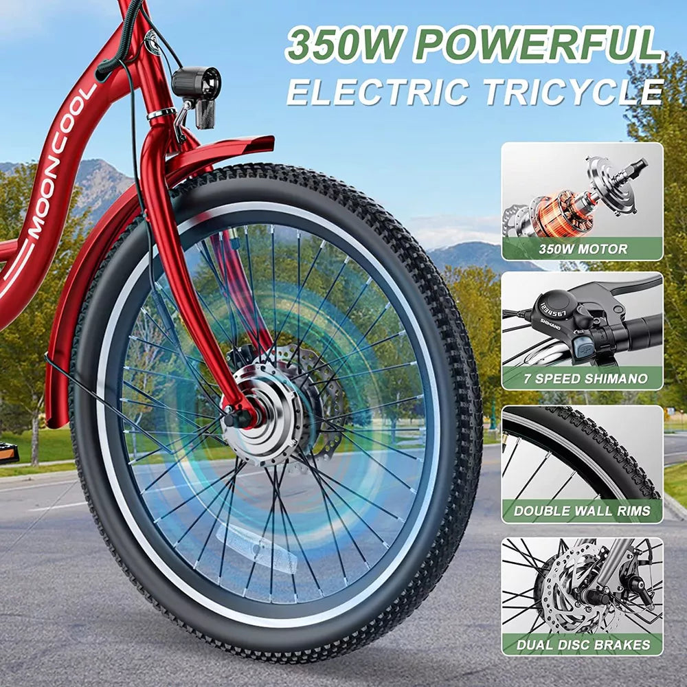 Electric Tricycle Adult Electric Bicycles, 350W 36V Trike 24/26 inch 7 Speeds