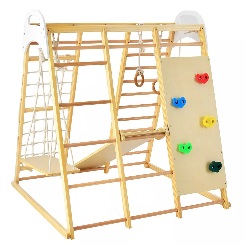 8-in-1 Jungle Gym Playset, Wooden Climber Play Set w/ Monke Natural