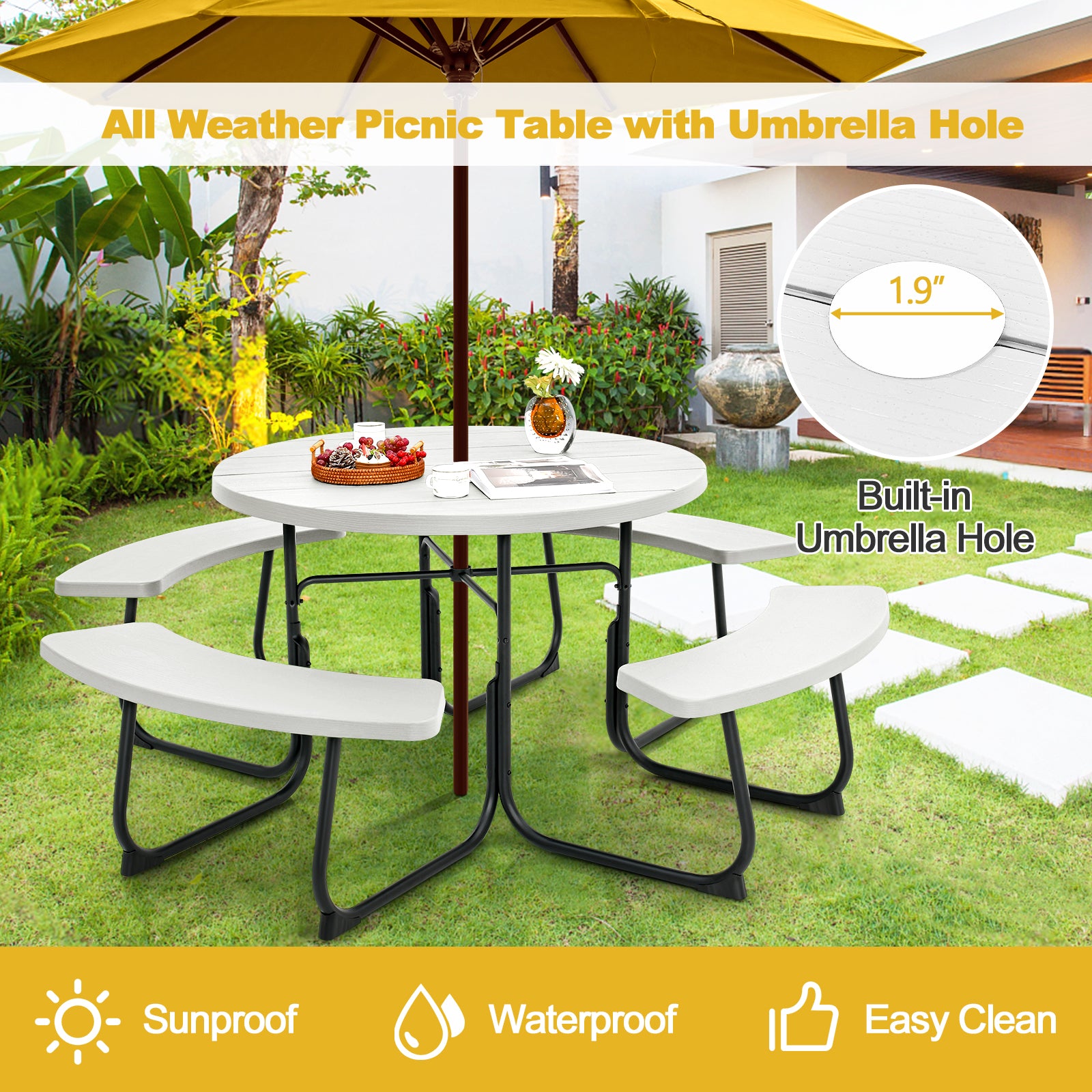 Outdoor 8-person Round Picnic Table Bench Set w/ 4 Benches & Umbrella Hole