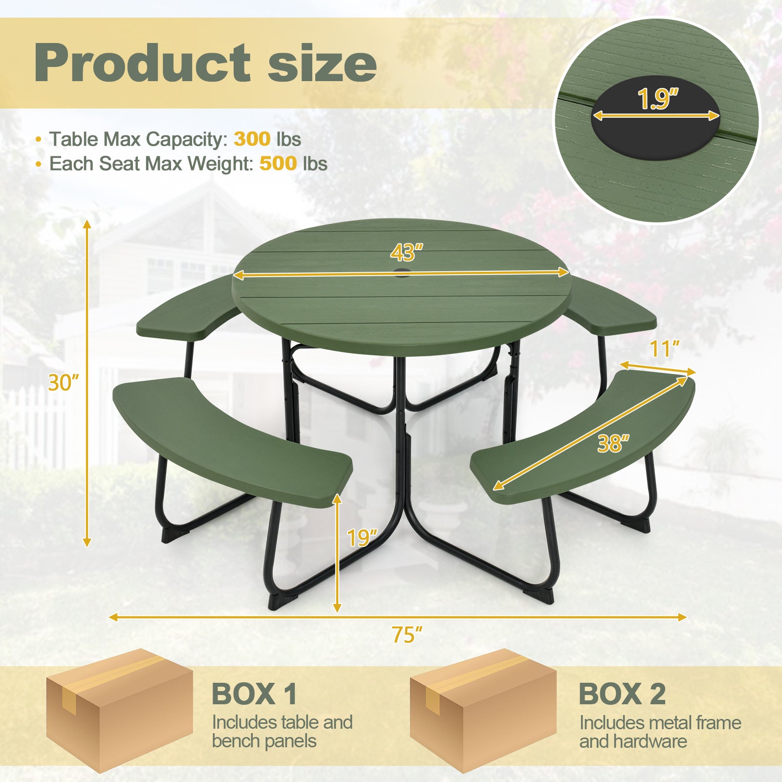 Outdoor 8-person Round Picnic Table Bench Set w/ 4 Benches & Umbrella Hole