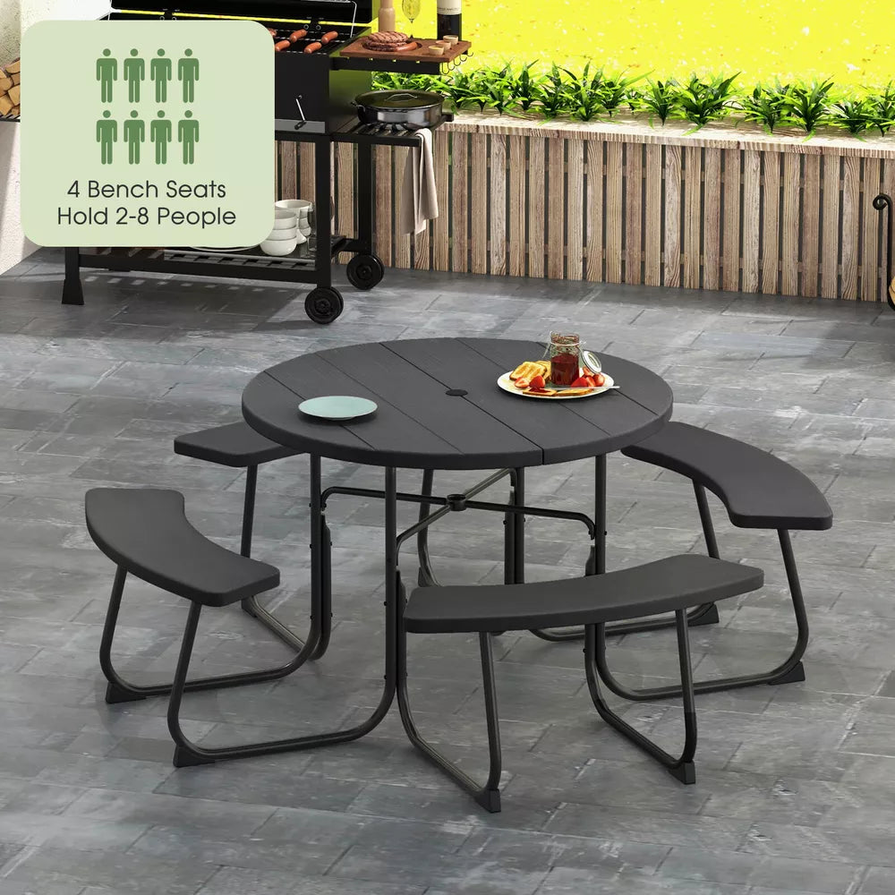 Outdoor 8-person Round Picnic Table Bench Set w/ 4 Benches & Umbrella Hole