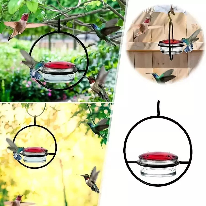 Hanging Hummingbird Feeder with Circular Metal Holder and Perch - 5.9" x 7.7"