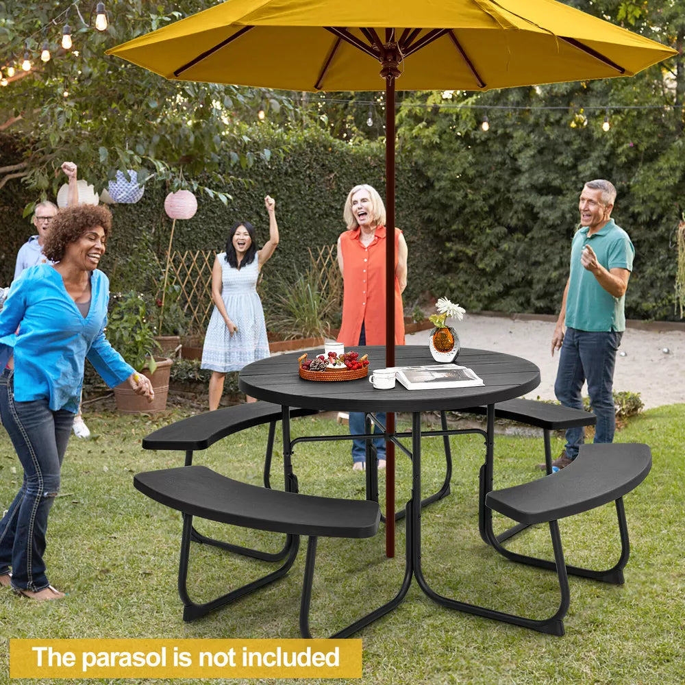 Outdoor 8-person Round Picnic Table Bench Set w/ 4 Benches & Umbrella Hole