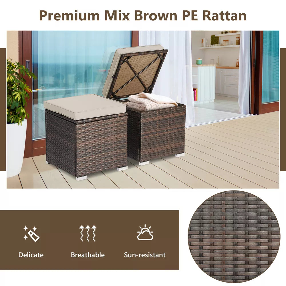 2PCS Patio Rattan Ottomans Seat Side Table Storage Box Footstool W/Cushion Beige