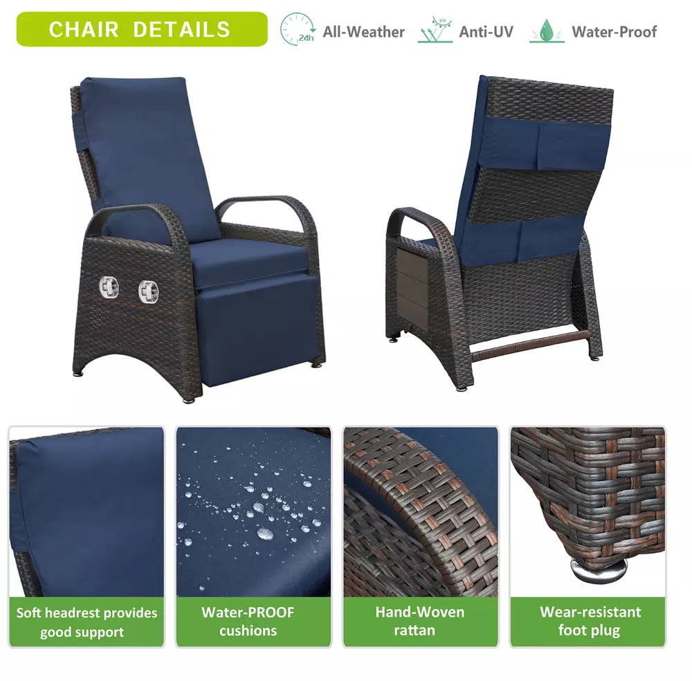 Outdoor Adjustable Recliner PE Wicker Chair With Side Table Navy Blue Cushions