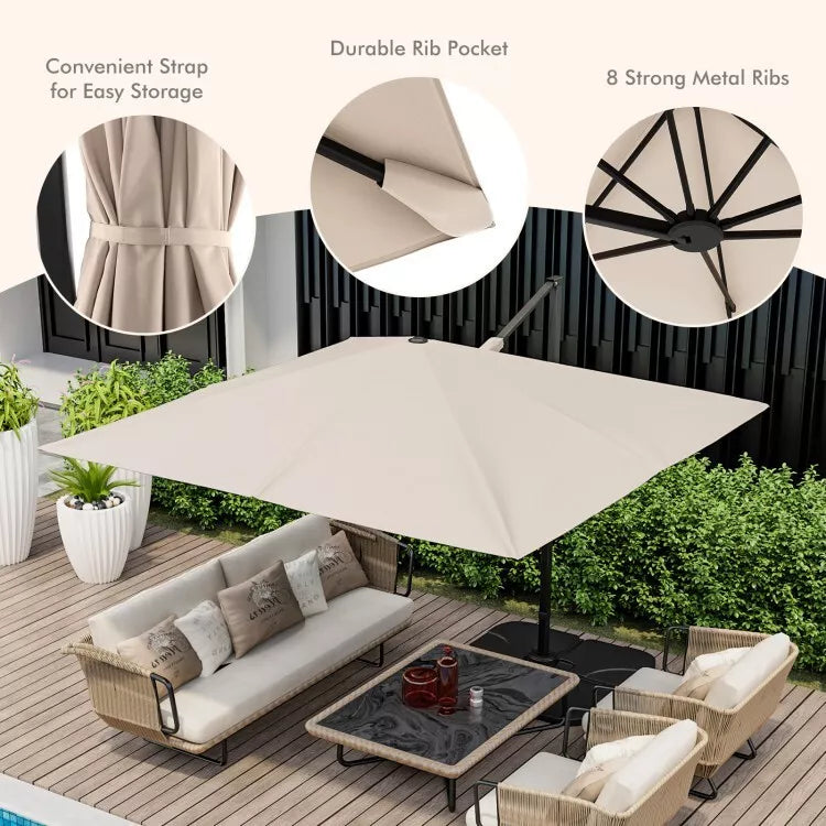 Patio 9.5' Square Cantilever Offset Hanging Umbrella 2-Tier 360° Outdoor Beige