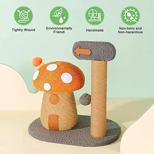 Mushroom Cat Scratcher Post, 2-in-1 Mushroom Claw Scratcher with Hanging Ball...