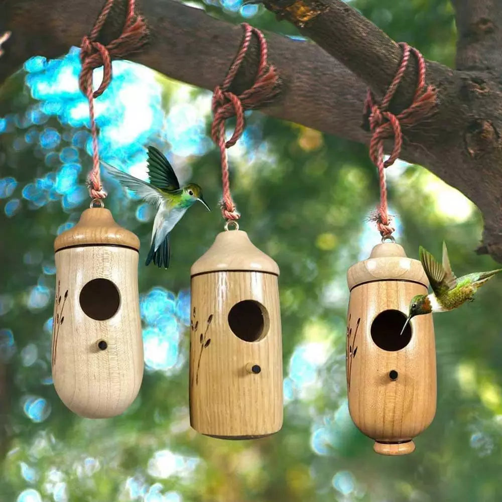 Wooden Hummingbird House Hand Hanging Hummingbird Attract Swing Nest Yard Decor