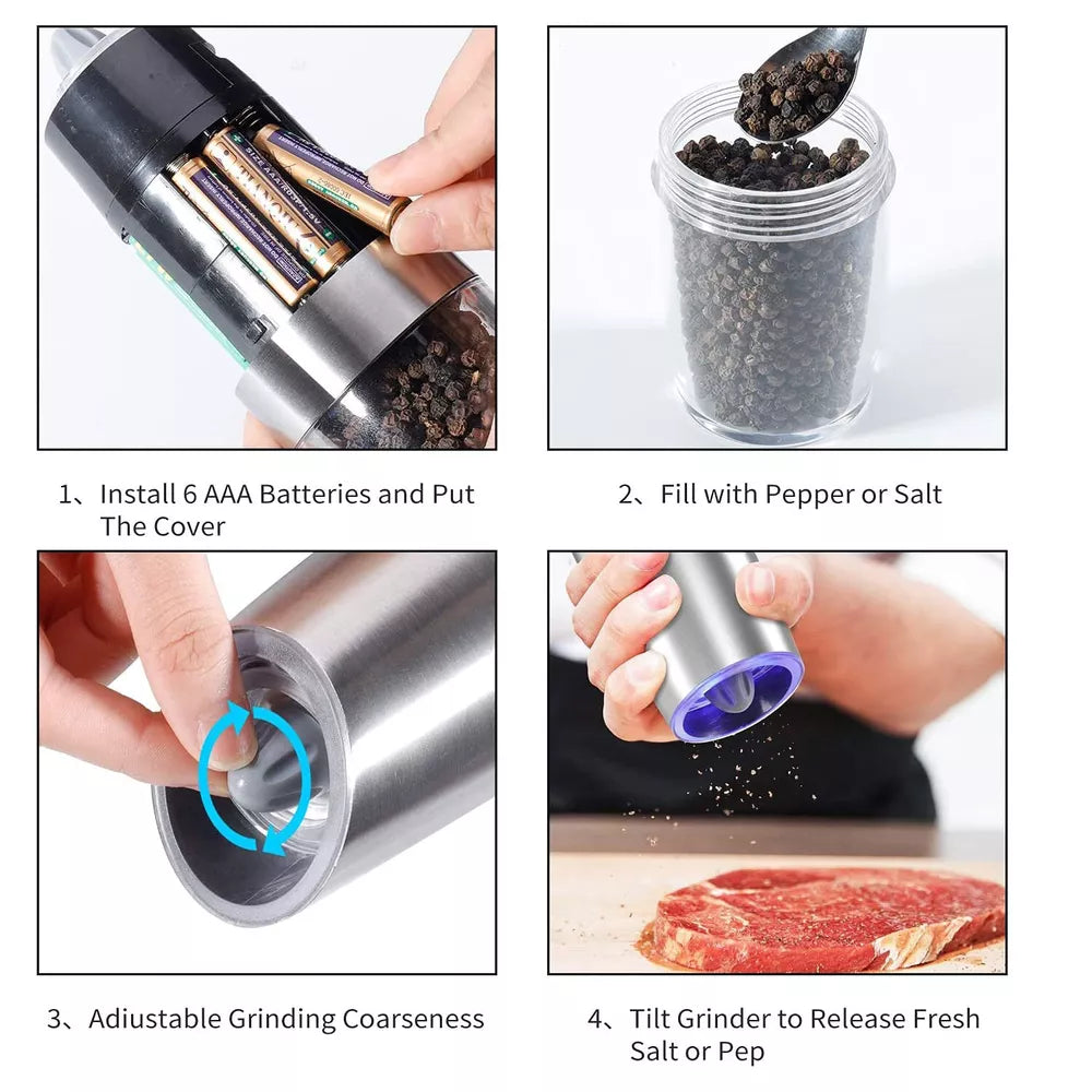 2PC Electric Pepper & Salt Grinder Automatic Adjustable Coarseness Battery Power