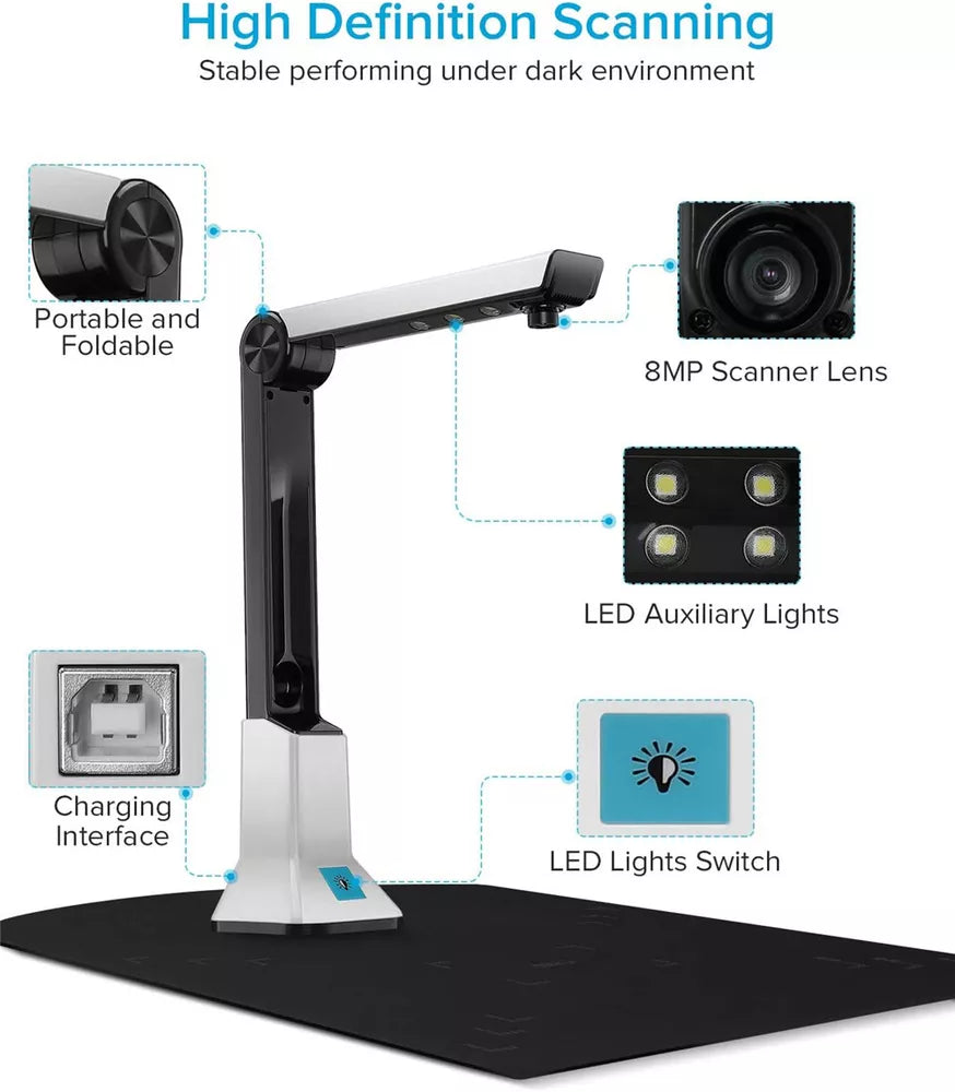 Document Camera for Teachers, 8MP High Definition USB Portable Scanner with Real