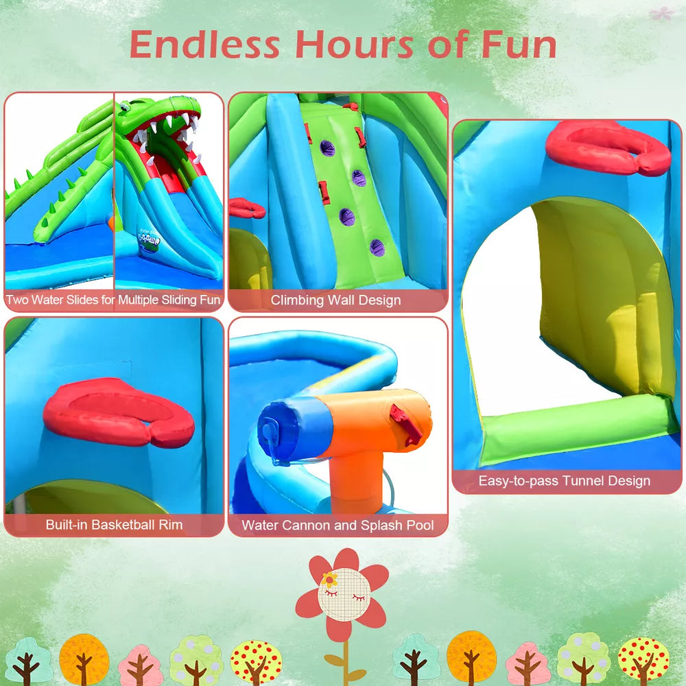 Crocodile Inflatable Water Park Dual Slides Climbing Wall with 780W Blower